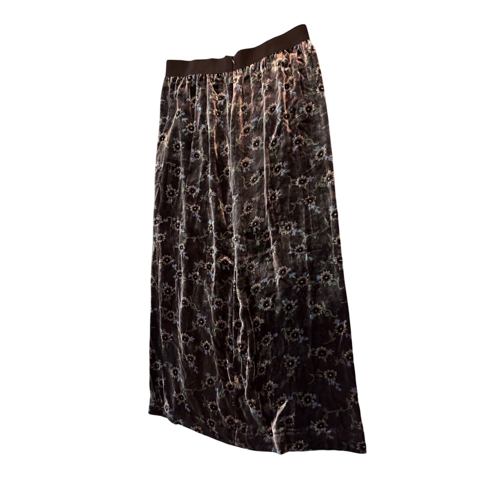 Floral Velvet Midi Skirt Dark Grey Blue Elastic Waist Front Slit Size M